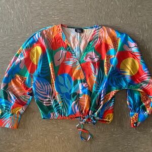 Vici Tropical Print Drawstring Crop Blouse - Multicolor